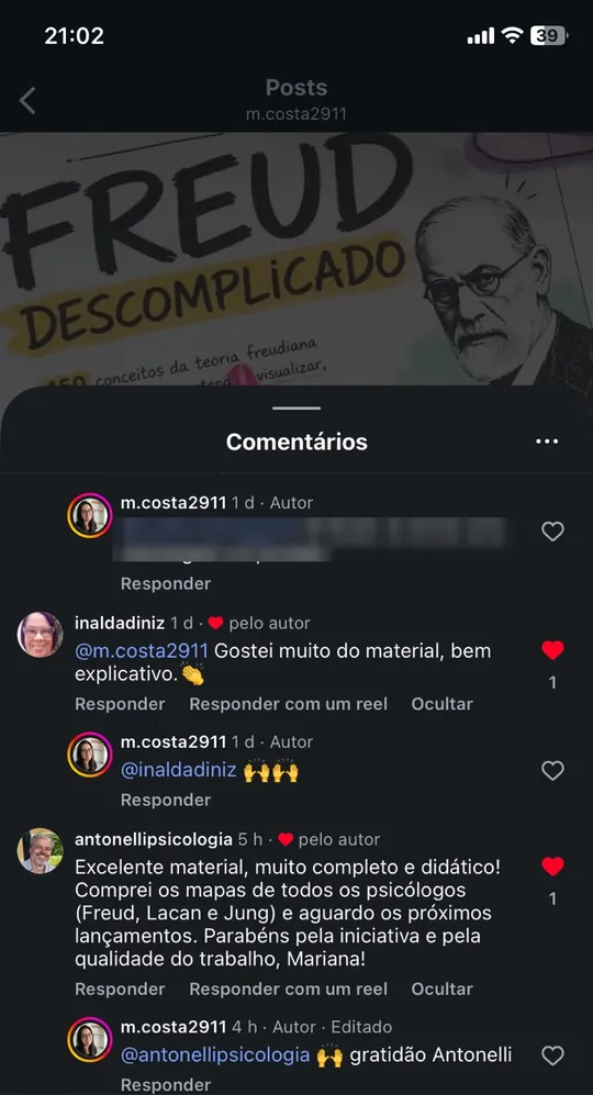 Print dos comentários no post do Freud Descomplicado no Instagram da Mariana: inaldadiniz diz que gostou muito do material, bem explicativo; antonellipsicologia diz que é excelente, muito completo e didático, e que comprou os mapas de Freud, Lacan e Jung.