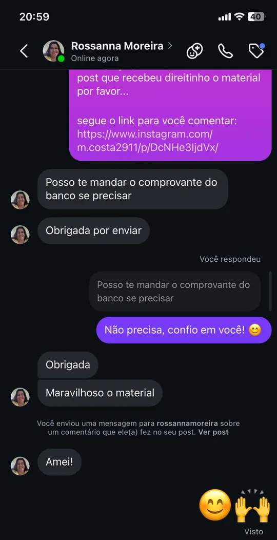 Print de conversa no direct do Instagram: Rossanna Moreira diz que o material é maravilhoso e que amou.